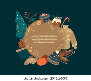 Happy New Year,Merry Christmas Vector Round Poster.Flyer,Banner template,advertisment.Xmas elements,design holiday greeting cards,invitations of Merry Christmas,Happy New Year,seasonal winter holidays