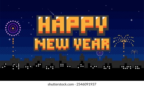 Feliz ano novo, Pixel arte fundo da cidade com celebrações ano novo fogos de artifício