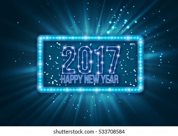 Happy New Year's 2017 poster, flyer template with blue neon shine. Vintage light banner vector illustration. Shining retro frame.