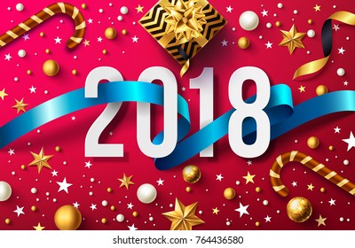 Happy New Years 2018 with golden gift box,ribbon and christmas decoration elements on Red background.Vector illustration EPS10