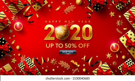 Happy New Years 2020 Red Poster with gift box and christmas decoration elements for Retail,Shopping or Christmas Promotion in golden and red style.Vector illustration EPS10