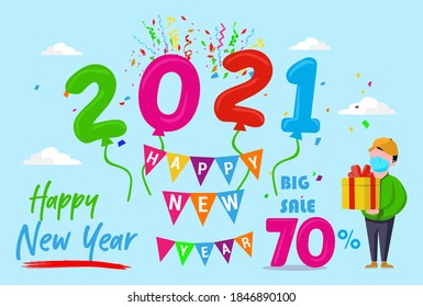 Happy new years 2021 light blue poster with gift box and christmas decoration elements . Vector illustration