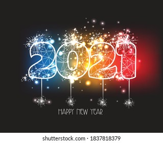 Happy New Years 2021 polygonal line light and fireworks colorful Background