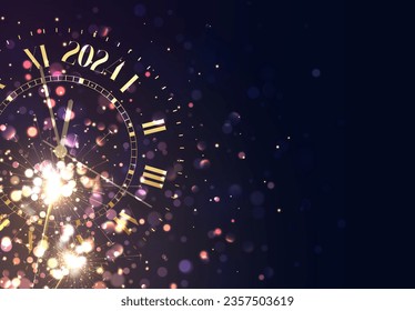 Happy New Years 2024. Background vintage gold shining clock report time five minutes to midnight. Christmas dark blue lilac background with defocused blurred gold light blur bokeh effect and sparklers