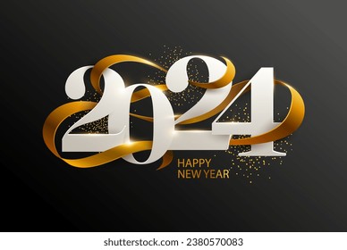 Happy New Years 2024. Greeting card design with date and ribbon on black background.	The image was created without the use of any form of AI.