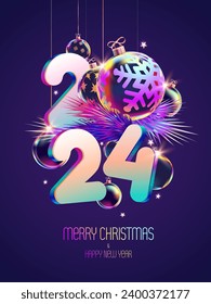 Happy New Years 2024. Greeting poster design with 3D numeral and christmas decoration. Festive vector template. Not generated by AI.