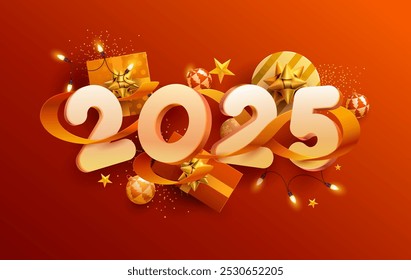 Happy New Years 2025. Greeting card design with 3D numeral, ribbon, gift boxes and christmas decoration. Festive vector template.