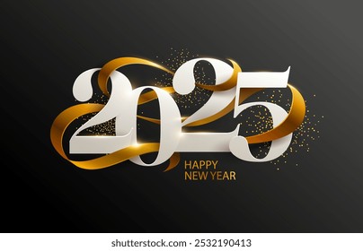 Happy New Years 2025. Greeting card design with date and ribbon on black background.