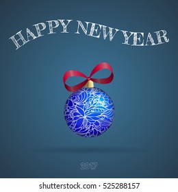 Happy New Year's card with ornate sphere. Greeting template.