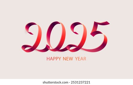 Happy New Years and christmas 2025. Calligraphic lettering design of red ribbon. Elegant minimalist greeting card design.