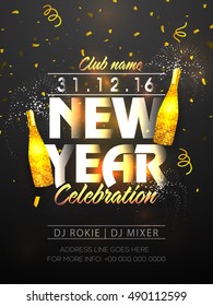 Happy New Year's Eve Party Celebration Poster, Invitation, Pamphlet Or Flyer With Golden Champagne Bottles.