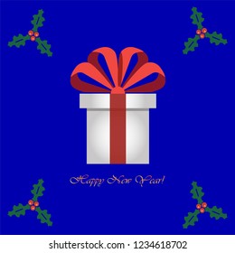 Happy New Year"s gift box with big red bow and holly berries