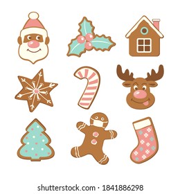 Happy New Year's set of christmas symbols, gingerbread man in face mask from ginger biscuits glazed sugar decoration on white background, minimal seasonal pandemic winter holiday.