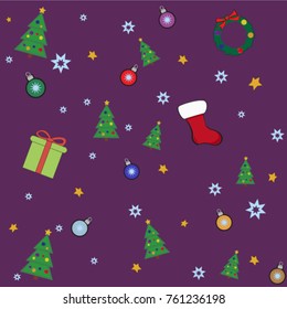 Happy New Year's vector background pattern with christmas tree, New Year's toys and snowflakes.