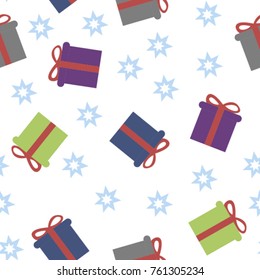 Happy New Year's vector background pattern with colorful christmas gifts and snowflakes.