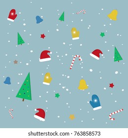 Happy New Year's vector background pattern with New Year's trees, bell, colorful stars, New Year hat and snow.