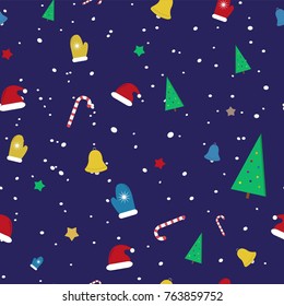 Happy New Year's vector background pattern with New Year's trees, bell, colorful stars, New Year hat and snow.