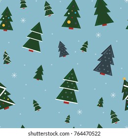 Happy New Year's vector background pattern with New Year's trees, snow and snowflakes.