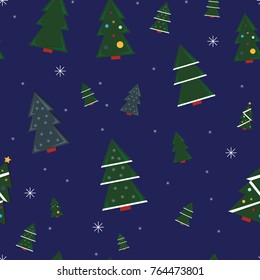 Happy New Year's vector background pattern with New Year's trees, snow and snowflakes.