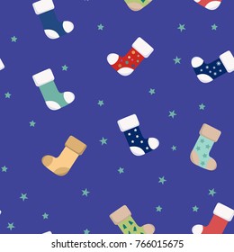 Happy New Year's vector background pattern with colorful New Year's boots and stars.
