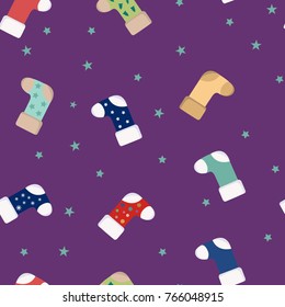 Happy New Year's vector background pattern with colorful New Year's boots and stars.