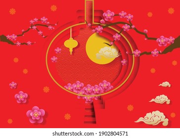 Happy new year.Shopping Cart, Greeting On Red.