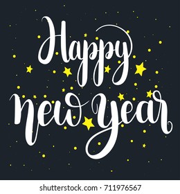 Happy New Year,unique hand drawn typography poster with stars on blue background. Vector art. Perfect design for posters and banners. Xmas design.