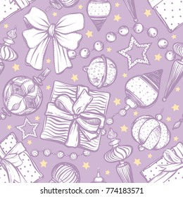 Happy New Year.Vector illustration,Christmas tree toy,garlands,gifts,prints on T-shirts,handmade,background light,card for you,seamless pattern,purple color