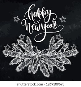 Happy New Year.Vector illustration,garlands, fir branches,prints on T-shirts,handmade, background chalkboard ,card for you