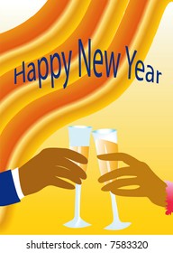 happy new year,with glasses of champagne ,held by a man and a woman's hands ,on a golden background with flowing lines