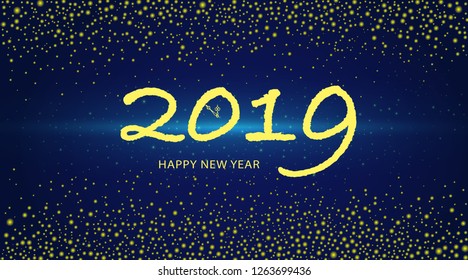 Happy new year,Yellow 2019 on abstract blue technology background, Vector illustration.