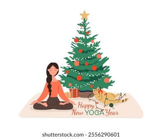 Happy New Yoga Year with women meditating in lotus pose and playful cat playing with decoration in paws and garland. Vector illustration isolated on white background