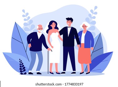 Happy newly married couple standing with senior parents. Bride, groom, love flat vector illustration. Family and wedding concept for banner, website design or landing web page