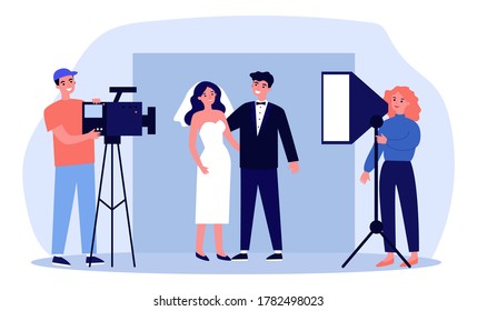 Happy newly married couple taking wedding photo. Bride, camera, groom flat vector illustration. Event and celebration concept for banner, website design or landing web page