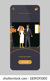 Happy newly married couple taking wedding photo. Bride, camera, groom flat vector illustration. Event and celebration concept for banner, website design or landing web page