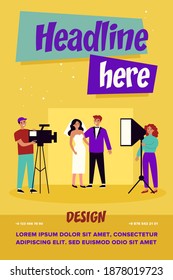 Happy newly married couple taking wedding photo. Bride, camera, groom flat vector illustration. Event and celebration concept for banner, website design or landing web page