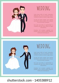 Happy newlywed couple dancing first dance and standing together with bouquet of flowers. Vector just married husband and wife in wedding dresses