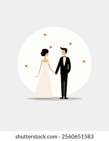 Happy newlywed couple. Holding hands, new family.  Flat  Cartoon Vector .