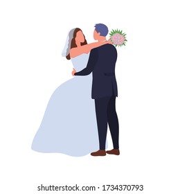 Happy newlywed hugging. Love couple cuddling at wedding day. Cartoon groom embracing wife in wedding dress with bouquet. Bridal ceremony isolated on white background. Just married. Vector illustration