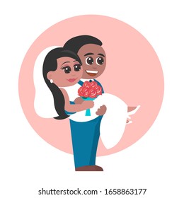 Happy newlyweds African American wedding day. The groom lifted the bride into his arms. Girl holds a bouquet of red roses. Vector cartoon illustration