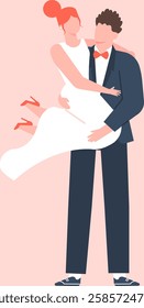 Happy newlyweds celebrating their marriage, groom holding his wife in arms, wedding ceremony and married couple, romantic relationship vector illustration