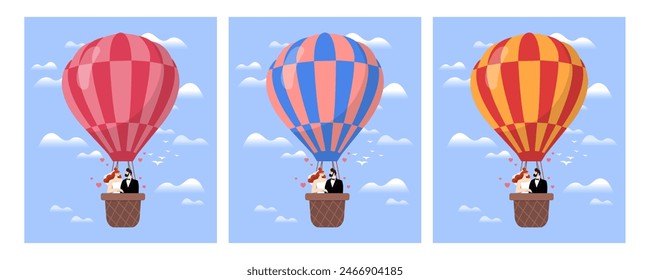 Happy newlyweds flying in hot air balloons. Man and woman in air balloons in the sky. Bride and groom travelling. A metaphor for honeymoon period. Set of flat vectors isolated on white background