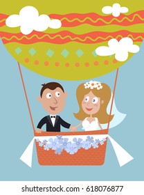 Happy Newlyweds Flying In A Hot Air Ballon. Vector Funny Illustration.