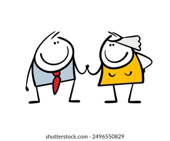 Happy newlyweds hold each other's hands and look at each other in love. Vector illustration of the wedding ceremony. A cartoon bride with doodle veil and a groom in a suit and tie.