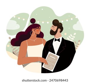 Felices recién casados con Licencia matrimonial. Esposo y esposa con documento. Novia y novio en la ceremonia de boda. Concepto de amor y romance. Ilustración vectorial plana aislada sobre fondo blanco