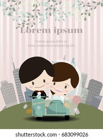 Happy newlyweds  riding on moped scooter. Have urban Background.Wedding Card.Vector/Illustration