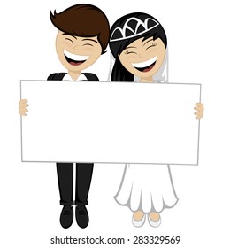 Happy newlyweds smiling - A beautiful black haired bride and a bridegroom in suit are holding a big white board