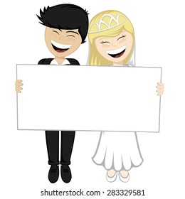 Happy newlyweds smiling - A beautiful blonde bride and a black haired bridegroom in suit are holding a big white board