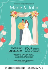 Happy newlyweds in wedding arch. Bride and groom, invitation to event template, cute romantic couple, people get married, vector poster