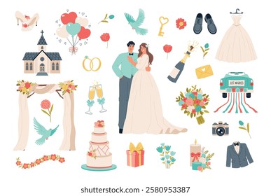 Happy newlyweds and wedding elements. Hugging couple, bride, groom, romantic accessories, rings, flowers bouquet, arch, church, vector set